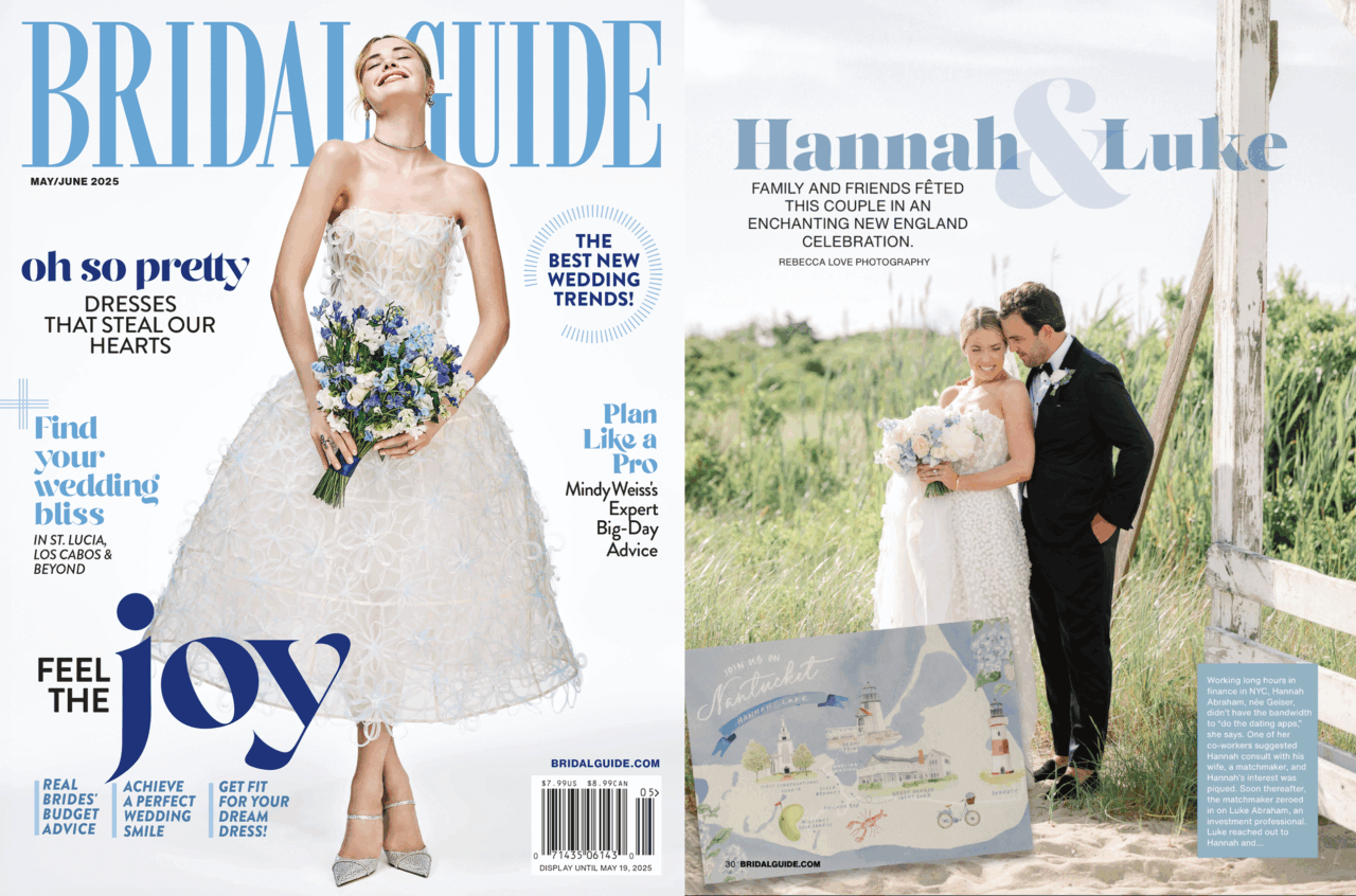 Screenshot of Bridal Guide May/June 2025 cover and spread featuring Hannah & Luke’s enchanting New England celebration