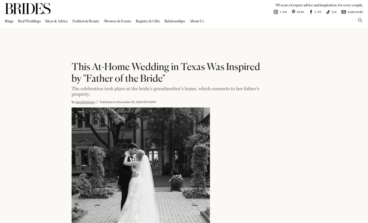 Screenshot of Brides.com feature on an at-home Texas wedding inspired by Father of the Bride