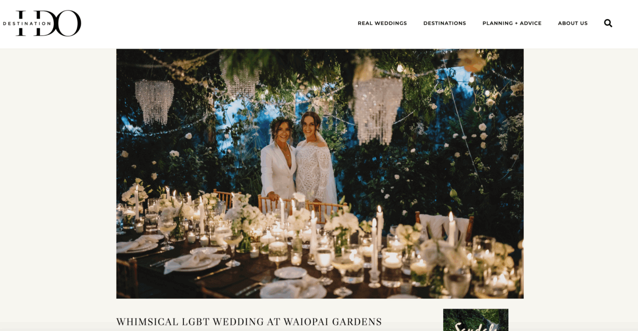 Screenshot of Destination I Do article on whimsical LGBT wedding at Waiopai Gardens with candlelit floral reception