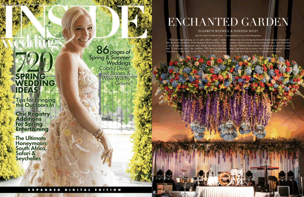 Screenshot of Inside Weddings digital spread “Enchanted Garden” showcasing a lush spring floral reception design