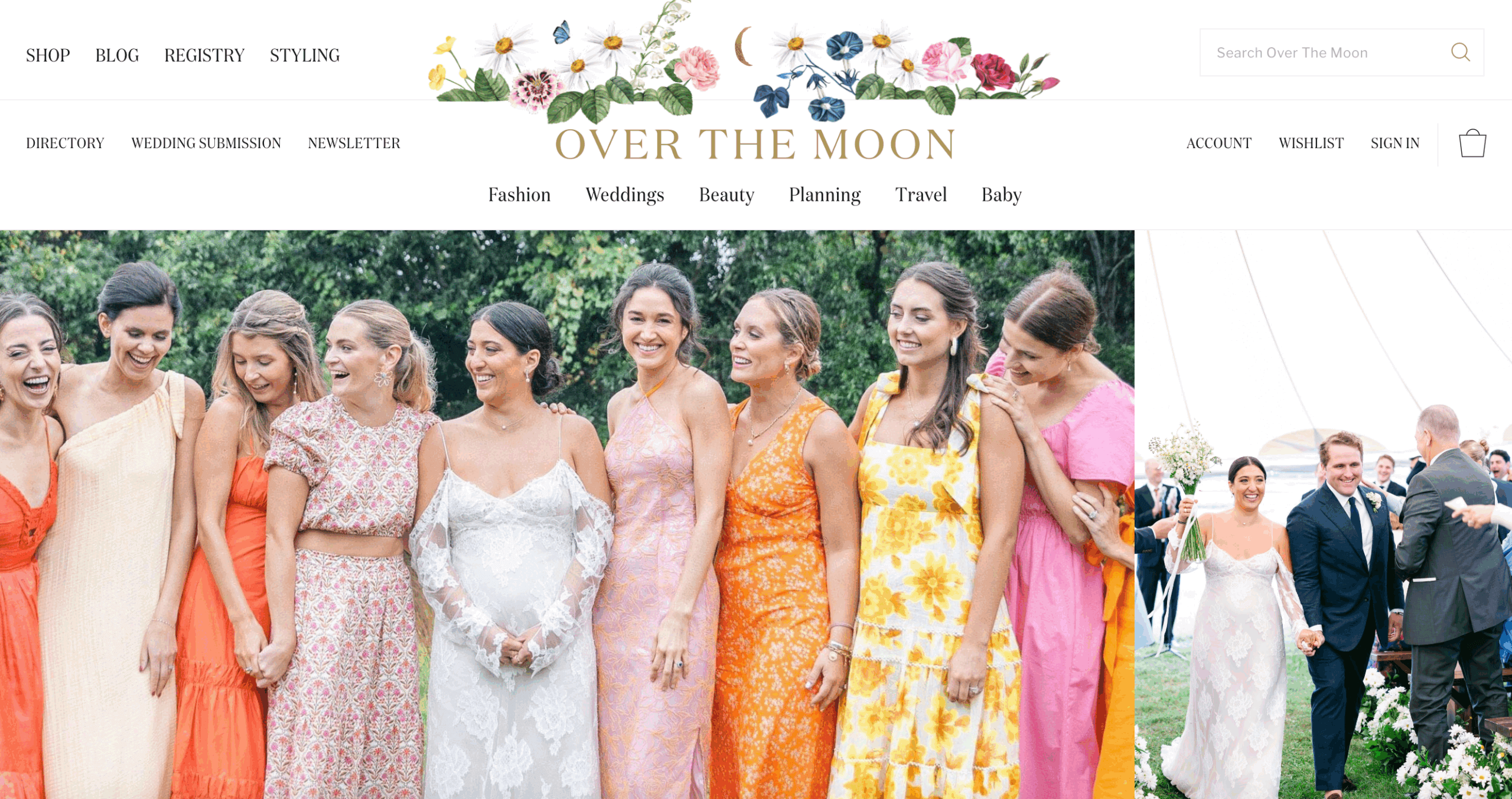 Screenshot of Over the Moon feature showing bride with colorful-dress bridesmaids at an outdoor garden celebration