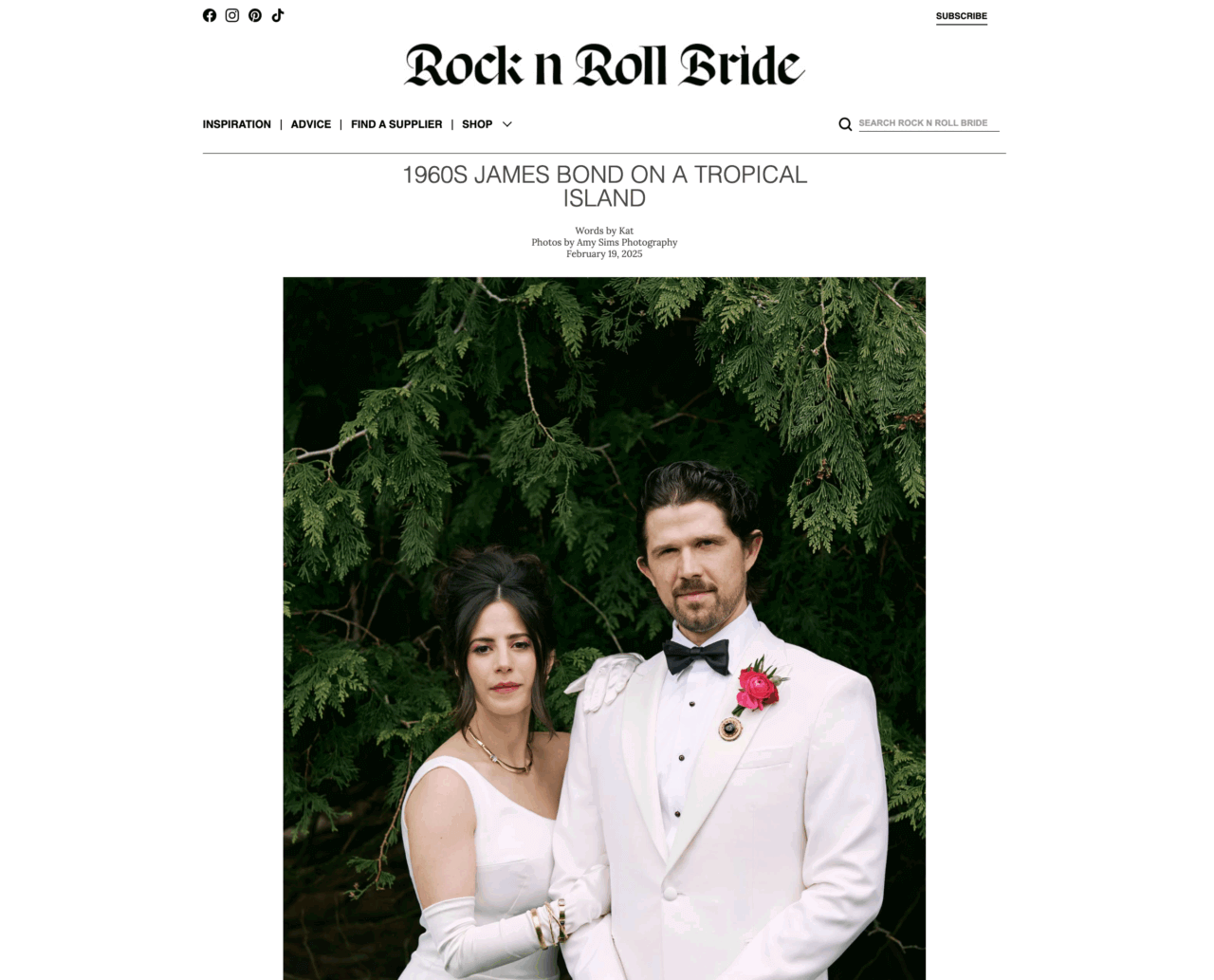 Screenshot of Rock n Roll Bride article featuring a 1960s James Bond–inspired tropical island wedding