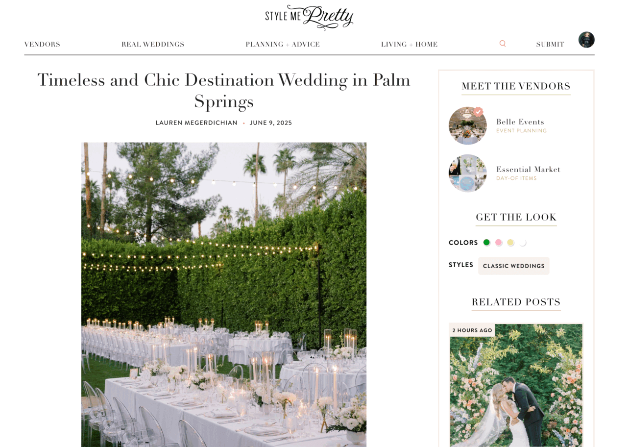 Screenshot of Style Me Pretty feature on a timeless, chic destination wedding in Palm Springs