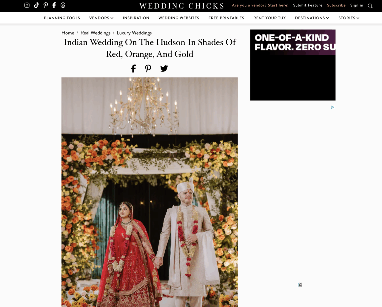Screenshot of Wedding Chicks feature on an Indian wedding on the Hudson in vibrant red, orange, and gold tones