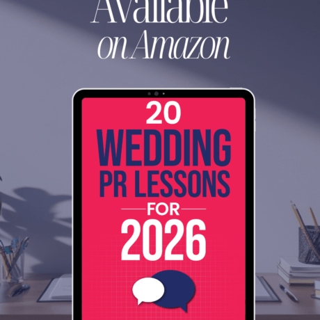 Book cover for 20 Wedding PR Lessons for 2026 on an iPad, captioned that the book is available on Amazon